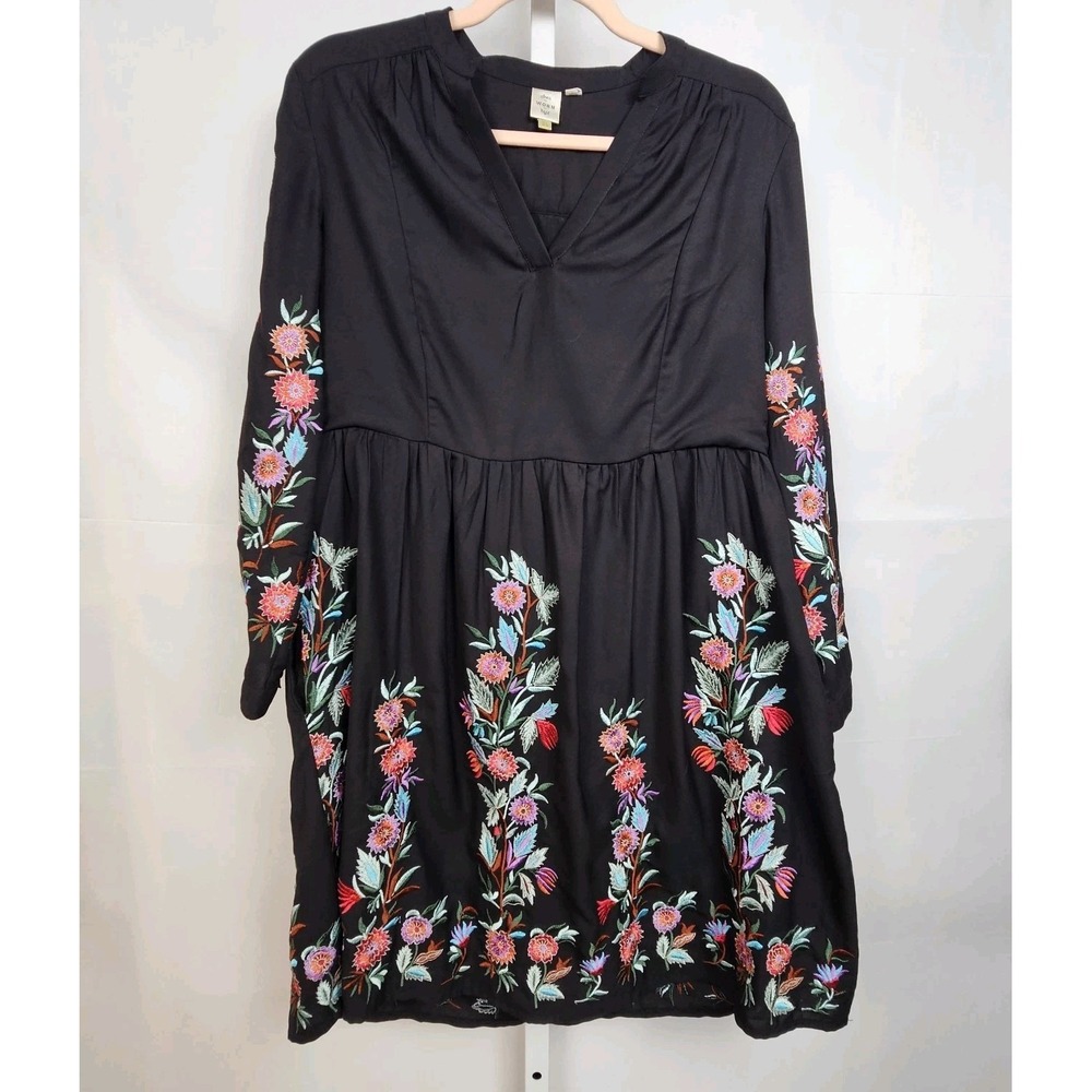Anthropologie Olivia Dress Embroidered Black Long Sleeve Boho Midi US 6